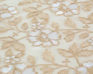 Detailed view of exquisite embroidered tablecloth fabric with elegant floral pattern design.