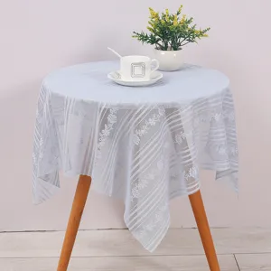 Detail view of the elegant light blue lace dust cover, featuring delicate floral and stripe patterns.