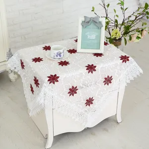 White lace tablecloth with red embroidered flower pattern for coffee table or nightstand decor.