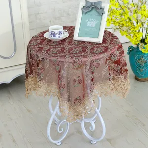 Elegante mantel de encaje bordado rojo para mesa de centro redonda, cubierta decorativa.