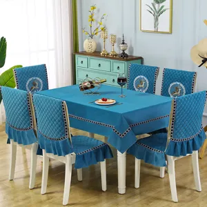 Blue velvet quilted dining table cloth and chair covers set with elegant deer embroidery.
