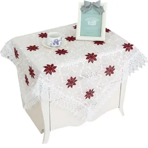 White lace tablecloth with red floral embroidery, elegant bedside cabinet cover for home decor.