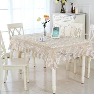 Elegant beige lace embroidered tablecloth for dining table, hollow floral design home decor.