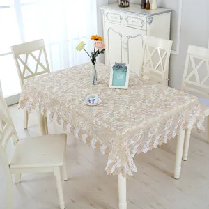 Beige lace tablecloth with delicate floral embroidery, elegant dining table cover detail view