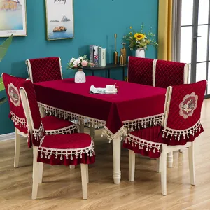 Red velvet dining table cloth and chair cushion cover set with lace tassel trim and swan embroidery