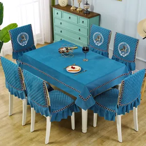 Blue velvet dining table cloth and chair cover set with deer embroidery and elegant ruffles.
