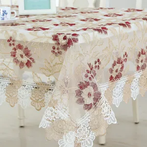 New hollow embroidered tablecloth with red floral and delicate white lace edge for home table.