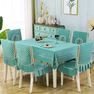 Quilted Velvet Dining Chair Cover And Tablecloth Set With Cute Deer Embroidery And Lace Border Home Kitchen Table Decoration