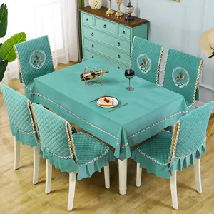Quilted Velvet Dining Chair Cover and Tablecloth Set Teal Home Kitchen Decor New