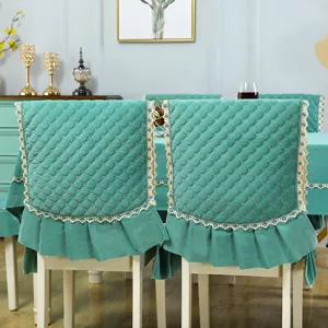 Green quilted velvet dining chair cover with lace trim, one-piece cushion and backrest for all seasons.