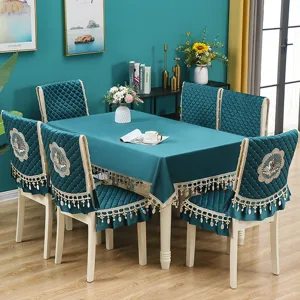 Italian velvet dining chair cover and tablecloth set with elegant embroidery and tassels.