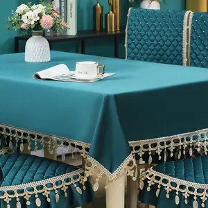 Italian velvet tablecloth and chair cushion set with elegant lace trim for dining room.