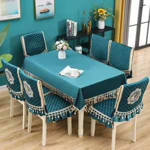 Elegant velvet dining tablecloth and chair covers set with lace tassel and embroidery.