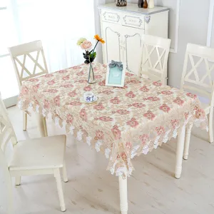 Elegant floral lace tablecloth for dining table, European style embroidered cover for home decor.