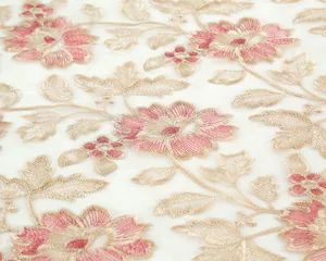 Exquisite pink floral embroidered lace fabric detail view, perfect for elegant home table decor.