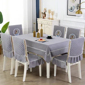Quilted flannel dining chair cover and tablecloth set, elegant grey one-piece seat protector for home.
