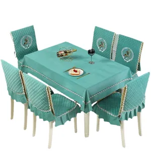 Quilted velvet dining table cloth and chair cover set with elegant deer embroidery and lace trim.