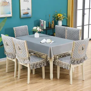 Grey Italian Velvet Dining Tablecloth and Chair Cushion Set with Quilted Design and Tassels