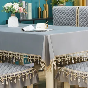 Italian velvet tablecloth and dining chair cover set with elegant lace tassels.