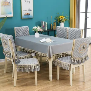 Grey velvet dining table cloth and chair cover set with elegant lace tassel and swan embroidery.
