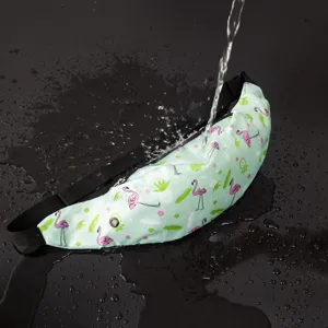 Water-resistant flamingo print sports fanny pack shown with active water splash detail