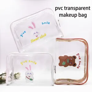 Set di tre borse da toilette trasparenti in PVC con simpatiche stampe di animali