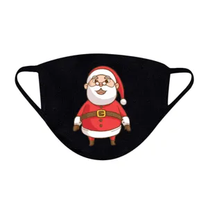 Detailansicht des festlichen Weihnachtsmann-Drucks auf einer schwarzen Baumwollmaske.