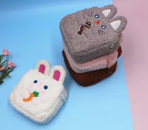 Cute plush cartoon animal storage pouches with soft sherpa texture and embroidery details