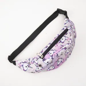 Detail view of a purple unicorn print fanny pack with adjustable black waist strap.