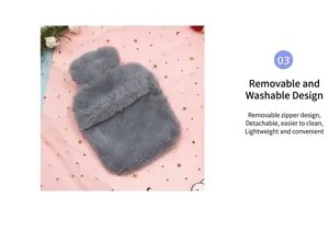 Gros plan de la housse de bouillotte en peluche grise avec fermeture éclair amovible