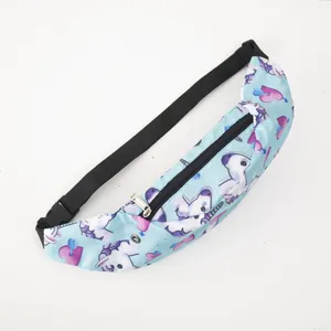 Close-up of a light blue waist bag with purple unicorn and heart digital print