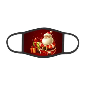 Weihnachtsmaske aus Baumwolle mit Weihnachtsmann- und Geschenkmotiv auf rotem Grund