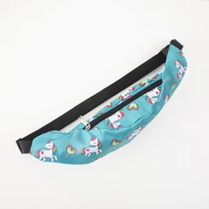 Teal sports waist bag with cute cartoon unicorn and heart lollipop digital print