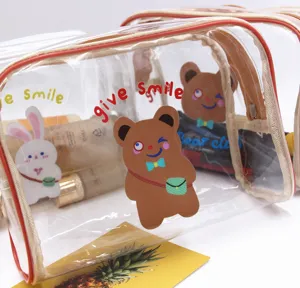 Vista macro dettagliata di una simpatica borsa in PVC trasparente con stampe di orsi