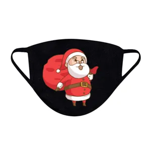 Detailansicht eines festlichen Weihnachtsmann-Prints auf einer schwarzen Stoff-Gesichtsmaske