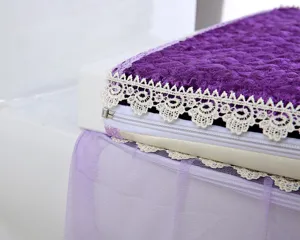 Purple plush toilet seat cover with white lace trim and zipper, soft fabric bathroom accessory detail.