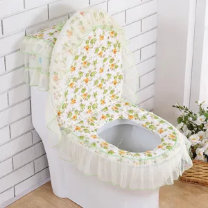 3-delige toiletbrilhoes set met bloemenprint en geribbelde kanten rand voor badkamer