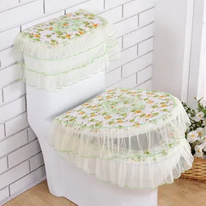 Bloemig toiletzittinghoes set met volant kant, decoratief badkameraccessoire thuis.