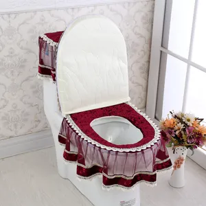 Detail shot of Korean style velvet and lace toilet seat cover set in deep red and white.