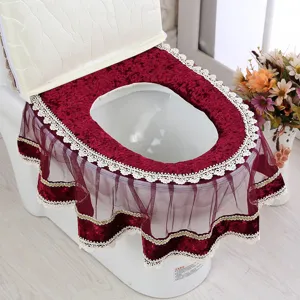 Korean style velvet lace toilet seat cover set wine red plush warm bathroom decor 3-piece