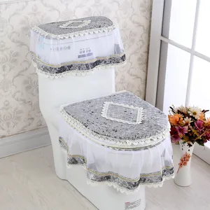 Detailed view of the Korean style velvet lace toilet seat cover set in elegant grey color.