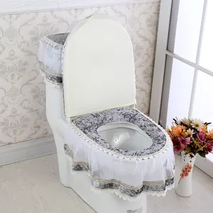Korean style velvet lace toilet seat cover 3 piece set, elegant bathroom decor and dustproof.