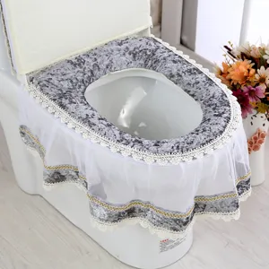 Korean style lace velvet toilet seat cover detail view, soft fabric and elegant design.