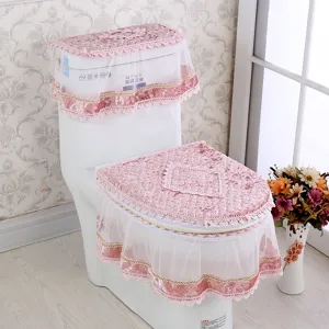 Pink velvet lace toilet seat cover set, Korean style fabric bathroom decor dustproof.