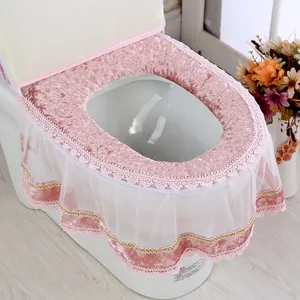 Korean style pink velvet lace toilet seat cover set, soft warm cushion for bathroom decor.