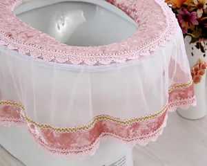 Korean style pink velvet lace toilet seat cover, soft plush bathroom mat dustproof cover.