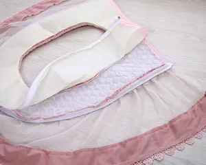 Pink velvet lace toilet seat cover set, soft plush warm washable bathroom accessory.