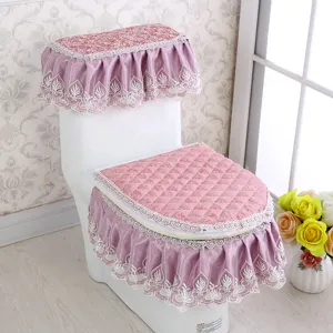 Detail view of pink velvet lace toilet seat cover set with exquisite decorative edges.