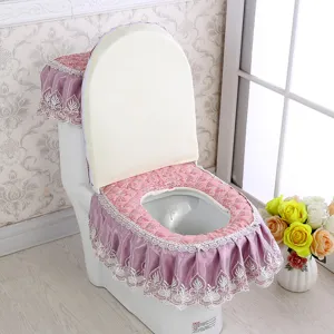 Korean style velvet lace toilet seat cover set 3 pieces dustproof bathroom decor pink
