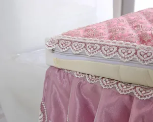 Pink velvet lace toilet seat cover set with heart trim cozy bathroom decor detail view